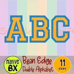 May include: A digital design featuring the letters "ABC" in a varsity-style font. The letters are yellow with a blue outline and a textured appearance. The design includes the text "Bean Edge Double Alphabet" and "11 sizes".