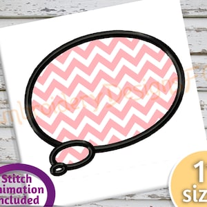 May include: A speech bubble design with a black outline and a pink and white chevron pattern. The design includes the text "Stitch animation included" and "11 sizes".