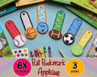 Sports Ball Bookmark Applique Embroidery Design – Baseball Football Soccer Basketball Tennis Bowling – 3 Sizes – BX Included