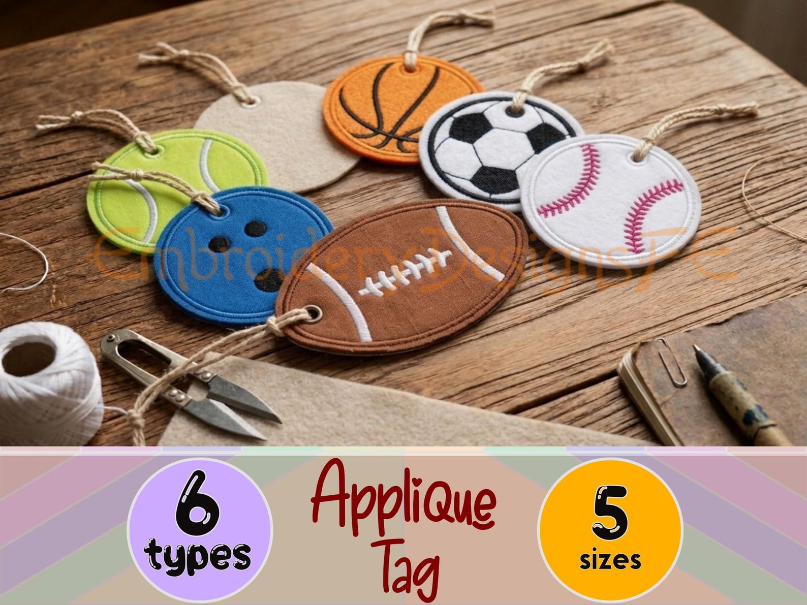 Ball Line Tag Sports Ball Applique Tag Embroidery Design – Baseball Football ...