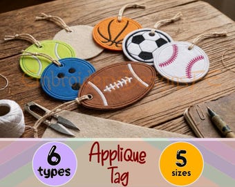 Sports Ball Applique Tag Embroidery Design – Baseball Football Basketball Soccer Tennis Bowling – 6 Types – 5 Sizes – Keychain Tag