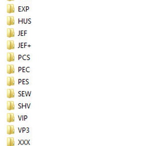 May include: A screenshot of a computer folder containing a list of folders, including CSD, DST, EMD, EXP, HUS, JEF, JEF+, PCS, PEC, PES, SEW, SHV, VIP, VP3, XXX, and an image file.