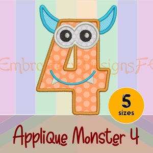 Monster Number 4 Applique Design - 5 Sizes - Machine Embroidery Design File