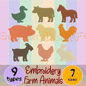 May include: A collection of nine embroidered farm animal designs, including a duck, cow, horse, pig, sheep, rooster, goat, chicken, and rabbit. The image also includes the text "9 types" and "7 sizes". The animals are in various colors.