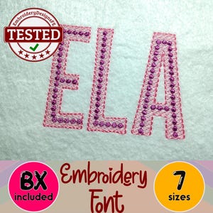 May include: Embroidery font design for the letters "ELA" in pink and purple. The design is available in 7 sizes and includes 10 embroidery files.