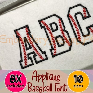 Applikation för basebollalfabet | Smala satinbokstäver | 10 storlekar | BX ingår | Maskinbroderifil