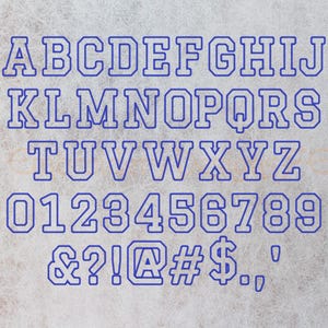 May include: A white font set with blue outlines, featuring uppercase letters, numbers, and symbols. The font is a bold, blocky style, reminiscent of a sports team logo.