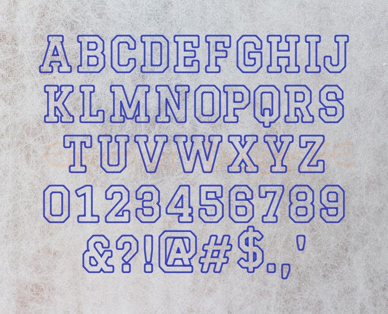May include: A white font set with blue outlines, featuring uppercase letters, numbers, and symbols. The font is a bold, blocky style, reminiscent of a sports team logo.