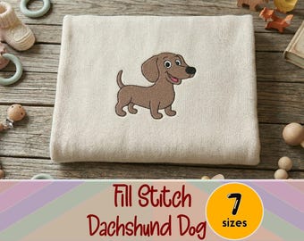 Dachshund Dog Embroidery Design – Cute Sausage Dog Machine Embroidery File – Fill Stitch Puppy – 7 Sizes 2in–5in