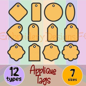 Könnte beinhalten: Illustration von 12 verschiedenen Applikations-Etiketten in verschiedenen Formen, darunter Quadrate, Rechtecke, Kreise und Herzen. Jedes Etikett ist schwarz umrandet und mit einer goldgelben Farbe gefüllt. Der Text "Applique Tags" ist ebenfalls enthalten.