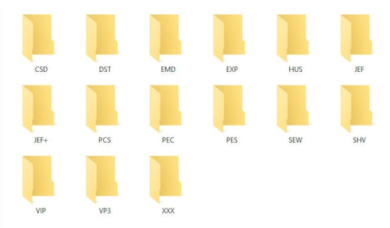 May include: A computer screen displaying a list of folders with names like CSD, DST, EMD, EXP, HUS, JEF, JEF+, PCS, PEC, PES, SEW, SHV, VIP, VP3, and XXX.
