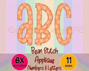 May include: Orange polka dot letters A, B, and C with a black outline. The letters are in a bean stitch applique style. The text "Bean Stitch Applique Numbers & Letters" is below the letters. There are two circles below the text. The circle on the left is red and says "BX included". The circle on the right is yellow and says "11 sizes".