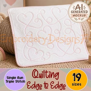 Puede incluir: Una pieza de tela cuadrada blanca con un patrón de acolchado continuo de corazones en rosa claro y un borde rosa a juego. El texto dice AI GENERATED MOCKUP, Single Run Triple Stitch, Quilting Edge to Edge y 19 sizes.