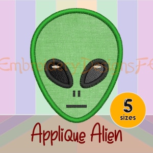 May include: Green alien applique embroidery design with black eyes and a neutral expression. The design is available in 5 sizes.