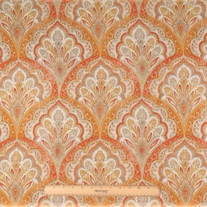 May include: Orange, yellow, and gray paisley patterned fabric with a repeating design. The fabric has a subtle sheen.
