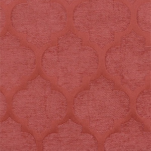 May include: A close-up of a red fabric with a repeating pattern of quatrefoils. The fabric has a textured surface and a subtle sheen.