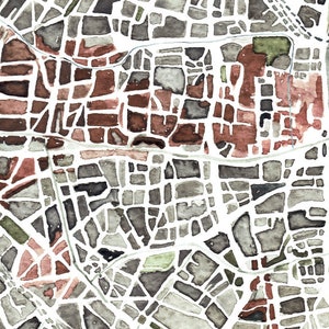 May include: Abstract watercolor painting of a city map with a grid pattern of streets and buildings. The painting is in shades of gray, brown, red, and blue.
