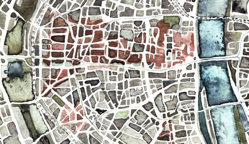 May include: Abstract watercolor painting of a city map with a grid pattern of streets and buildings. The painting is in shades of gray, brown, red, and blue.