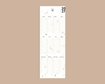 Könnte beinhalten: Ein vertikaler Wandkalender für das Jahr 2027 mit weißem Hintergrund und schwarzem Text. Er besteht aus zwölf Spalten für jeden Monat von Januar bis Dezember, mit kleinen schwarzen Strichzeichnungen, die über das Raster verteilt sind.