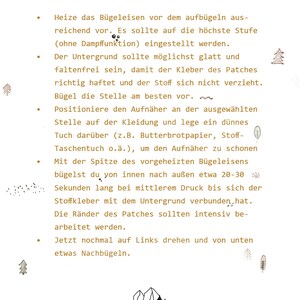May include: Instructions for ironing on a patch. The text reads "Patch Aufb&uuml;geln - Anleitung". The instructions are in German. The image also includes a small illustration of a bear in a forest.