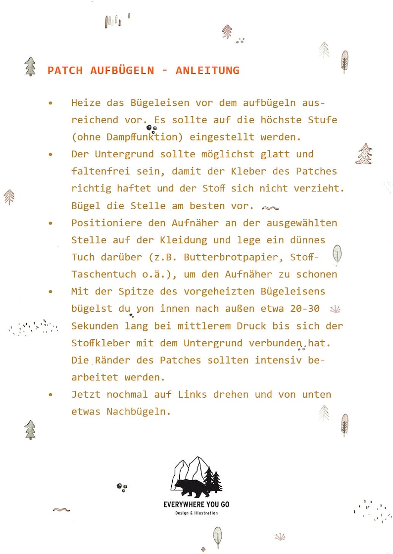 May include: Instructions for ironing on a patch. The text reads "Patch Aufb&uuml;geln - Anleitung". The instructions are in German. The image also includes a small illustration of a bear in a forest.