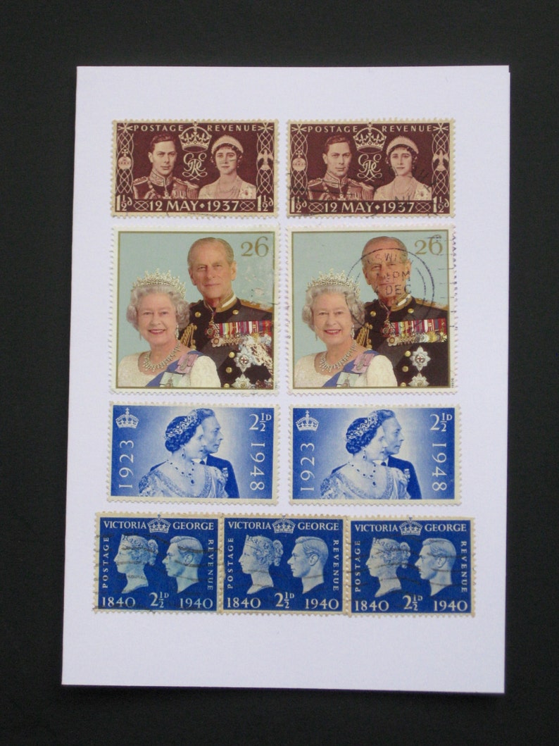 Unique handmade wedding card made with UKGB postage stamps from various Royal occasions Queen Elizabeth Queen Victoria and George VI.