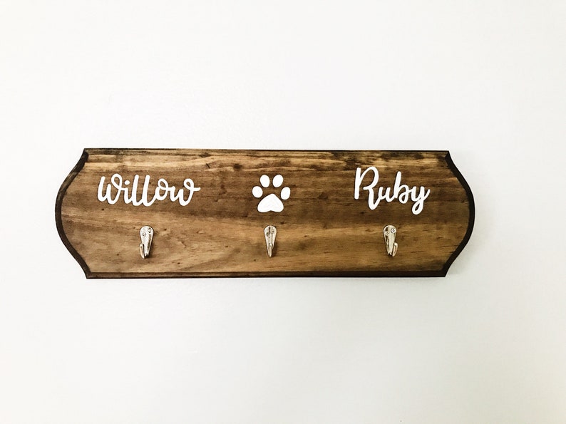 Dark walnut stain Dog Leash Holder Customized with Names Key and Leash Holder