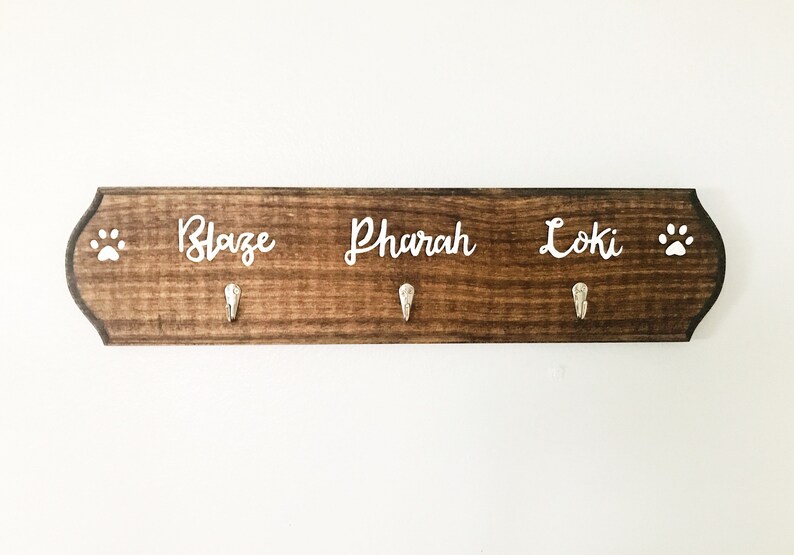 Dark walnut stain Dog Leash Holder Customized with Names Key and Leash Holder