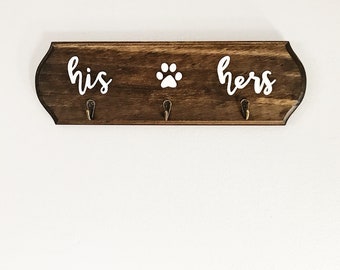 CUSTOM: Keys and dog leash holder | His and hers key and dog leash hanger | Options - His and Hers, His and His, Hers and Hers | Dark walnut