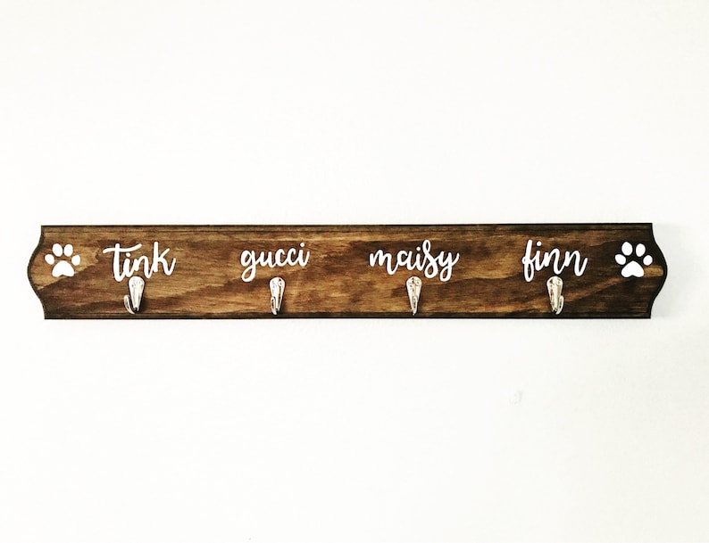 Dark walnut stain Dog Leash Holder Customized with Names Key and Leash Holder