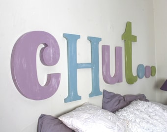 eggplant wooden headboard, khaki, Baltic blue - personalized letters - giant letters - original bed - mylittledecor