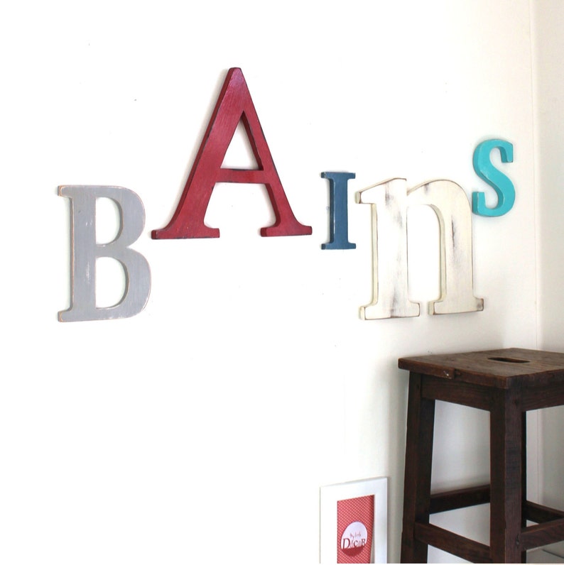 Mot géant BAINS gris, rouge, bleu,blanc mylittledecor lettres décoratives prénom géant lettre géante industriel salle de bains image 2