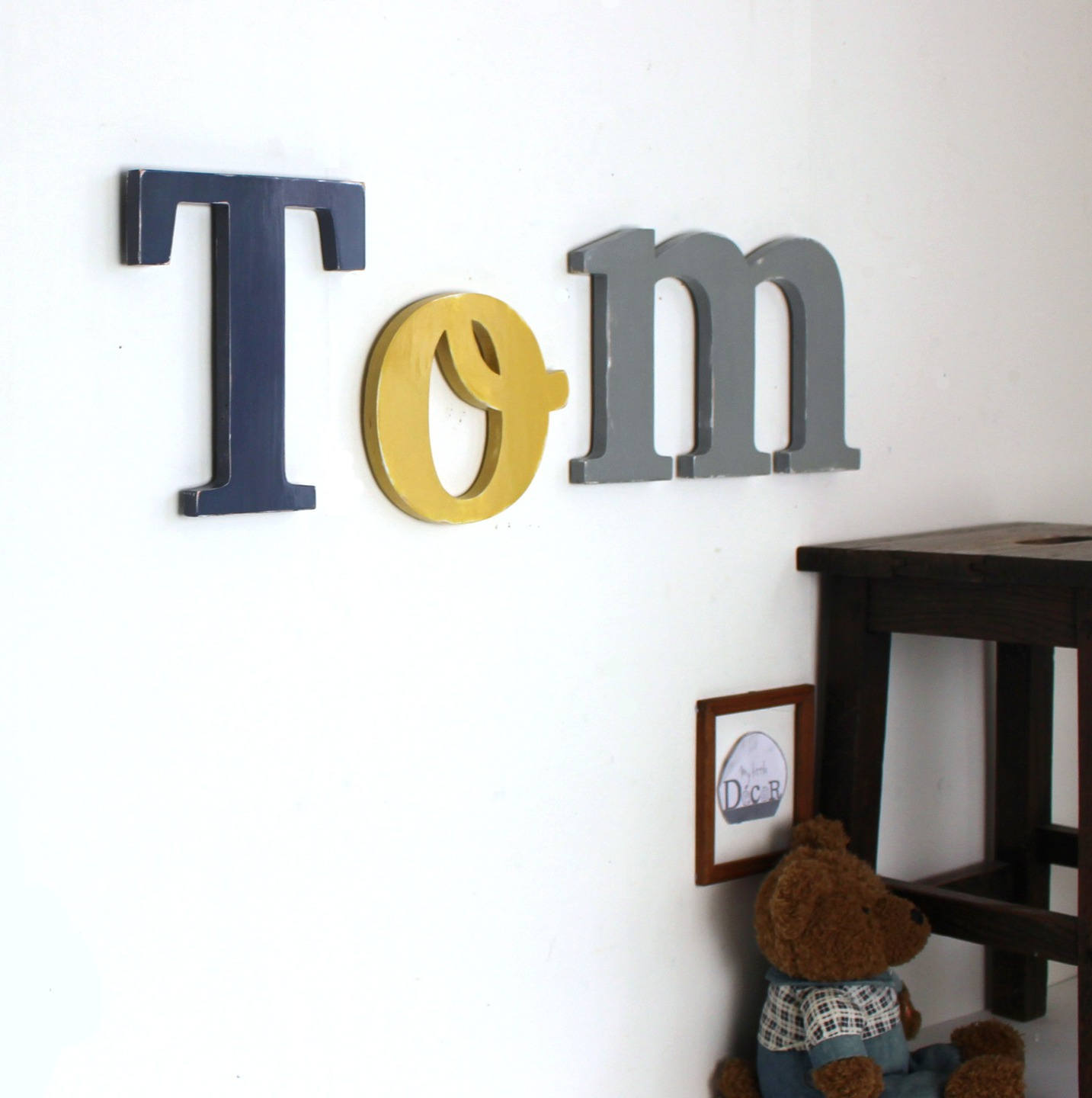 Grand Prénom Tom Tons Bleu Zinc, Ocre et Gris Personnalisé - Lettre Géante _ Mylittledecor Chambre B