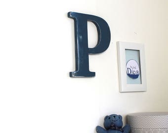 wooden letter P slate blue to hang for a wall decoration, a wedding, a birthday _ mylittledecor