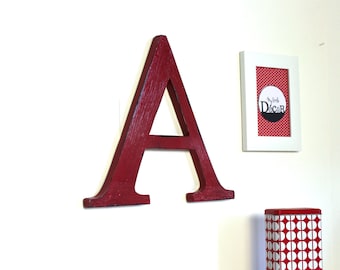 large wooden letter A red - Antiqued wood effect - giant letter - custom letter - decorated letter - mylittledecor - wedding - for men