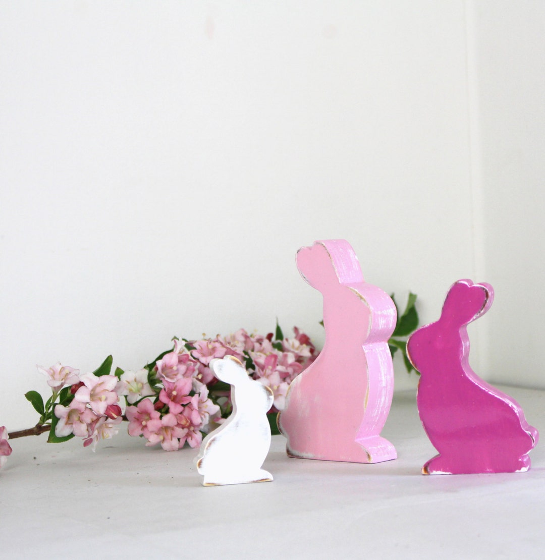 Pale Pink, Candy Pink and White Weathered Wooden Rabbits, Customizable ...