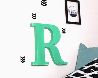 wooden letter R diabolo mint patinated to hang for a wall decoration, a wedding, a birthday _ mylittledecor