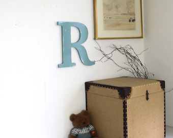 wooden letter R patinated Baltic blue to hang for a wall decoration, a wedding, a birthday _ mylittledecor