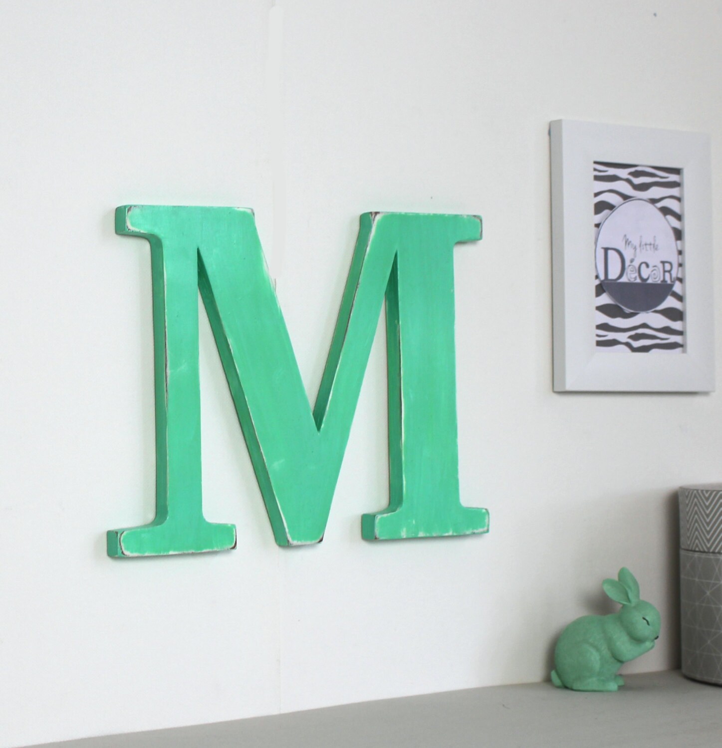 Lettre M Vert Menthe Patiné à Accrocher - Chiffre Géant -Lettre en Bois Personnalisé Anniversaire My