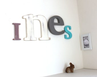 Grand prénom Inès prune, blanc, gris, turquoise - mylittledecor - lettres décoratives - prénom géant- lettre géante - naissance- déco ado