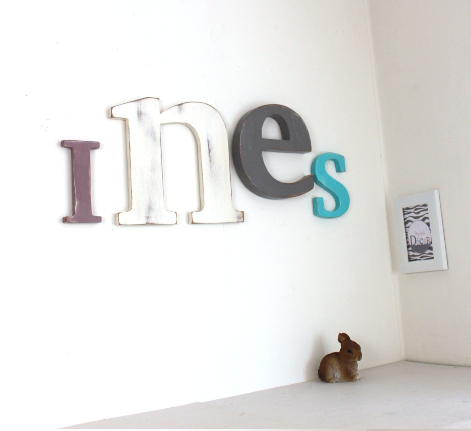 Grand Prénom Inès Prune, Blanc, Gris, Turquoise - Mylittledecor Lettres Décoratives Géant- Lettre Gé