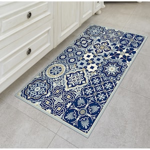 TIVA DESIGN Eclectic Royal Blue Vinyl Floor Mat, Rug, Runner Tile Flooring, Anti-Slip, Hand Washable, Protects Floors