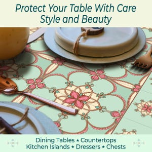 May include: A floral patterned table protector in shades of green, pink, and cream. The text "Protect Your Table With Care Style and Beauty" is at the top. The bottom text reads "Dining Tables * Countertops Kitchen Islands * Dressers * Chests".