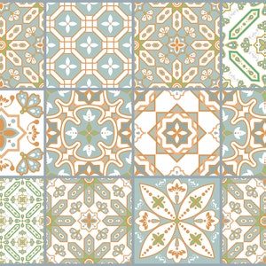 May include: A set of twelve decorative tiles with intricate geometric patterns in shades of blue, green, and orange. The tiles feature a variety of floral and geometric motifs, creating a visually appealing and versatile design.