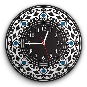 Black&White Unique art work Round Wall Clock, Acrylic Glass silent non ticking battery operated available in 4 sizes. Created by TIVA DESIGN