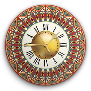 Ethnic Unique art work Round Wall Clock, Acrylic Glass, silent non ticking battery operated, available in 4 sizes, Created by TIVA DESIGN