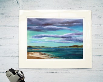 Isle of Iona strand - tryck på duk - skotsk havslandskapspresent till konstälskare - Inre Hebridernas kustväggkonst 30 x 24 cm monterad tryck Aska