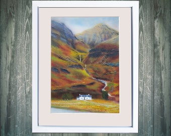 Glencoe Cottage fine art print, Scottish landscape wall art decor by Aska , framed