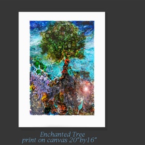 Tree fine art giclee print, Green fantasy tree with a Fairy, woodland abstract wall art
