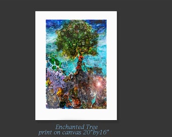 Tree fine art giclee print, Green fantasy tree with a Fairy, woodland abstract wall art
